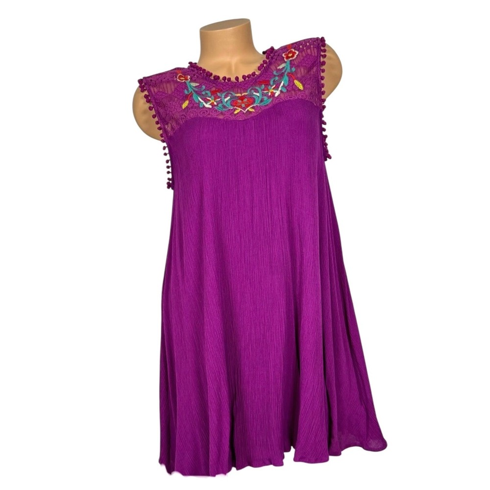 Umgee Purple Embroidered Lace Yoke Pom Pom Trim Crinkle Gauze Mini Dress Large